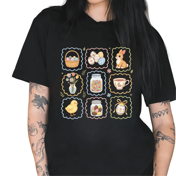 Black Easter Bunny Chicks Eggs Baskets Jelly Beans Tulips Tea Cup Graphic Tees Print Tshirt Shirts Cute Spring Holiday Casual Tops For Women S-5XL