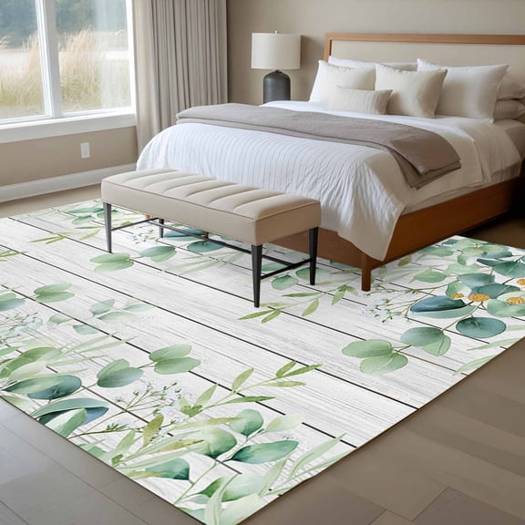 Sage Green Eucalyptus Leaf 6x9 Rug for Dining Room Table and Chair Setup, Spring Botanical Wood Grain Low Pile Washable Non Slip Rectangle Area Rug