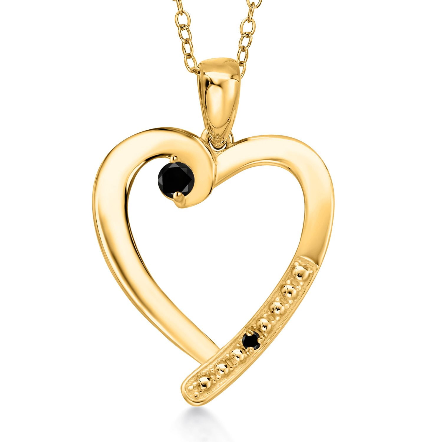 Gem Stone King 18K Yellow Gold Plated Silver Black Diamond Heart Pendant Necklace for Women | 0.19 Cttw | Gemstone April Birthstone | Round 3.5MM | With 18 inch Chain