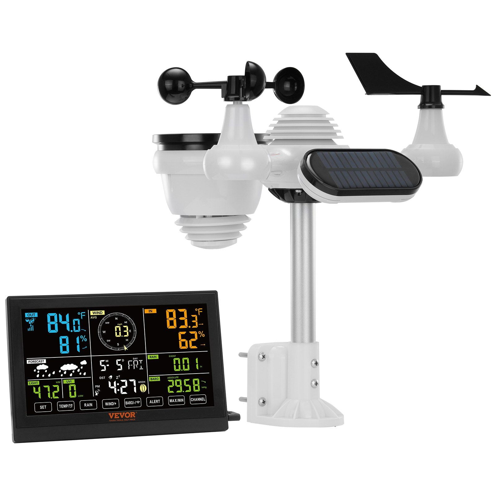 7.5 Inch Large Display Wireless Weather Station, 7-in-1 Indoor Outdoor Monitor for Temperature Humidity Wind Speed Direction Rain UV, Forecast Alarm