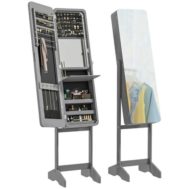 HOMCOM Standing Mirror Jewelry Cabinet, Jewelry Storage Cabinet with LED Lights and Angle Adjustable Full Length Mirror, Grey