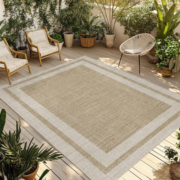 Multi Border Outdoor Rug 3x5 ft Retro Country Khaki Beige Burlap Texture Non Slip Patio Rug Washable Absorbent Large Outdoor Carpet Outside Mat for Porch RV Garden Camping