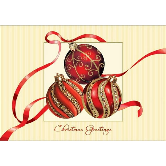 Designer Greetings Red and Gold Ornaments Box of 18 Christmas Cards