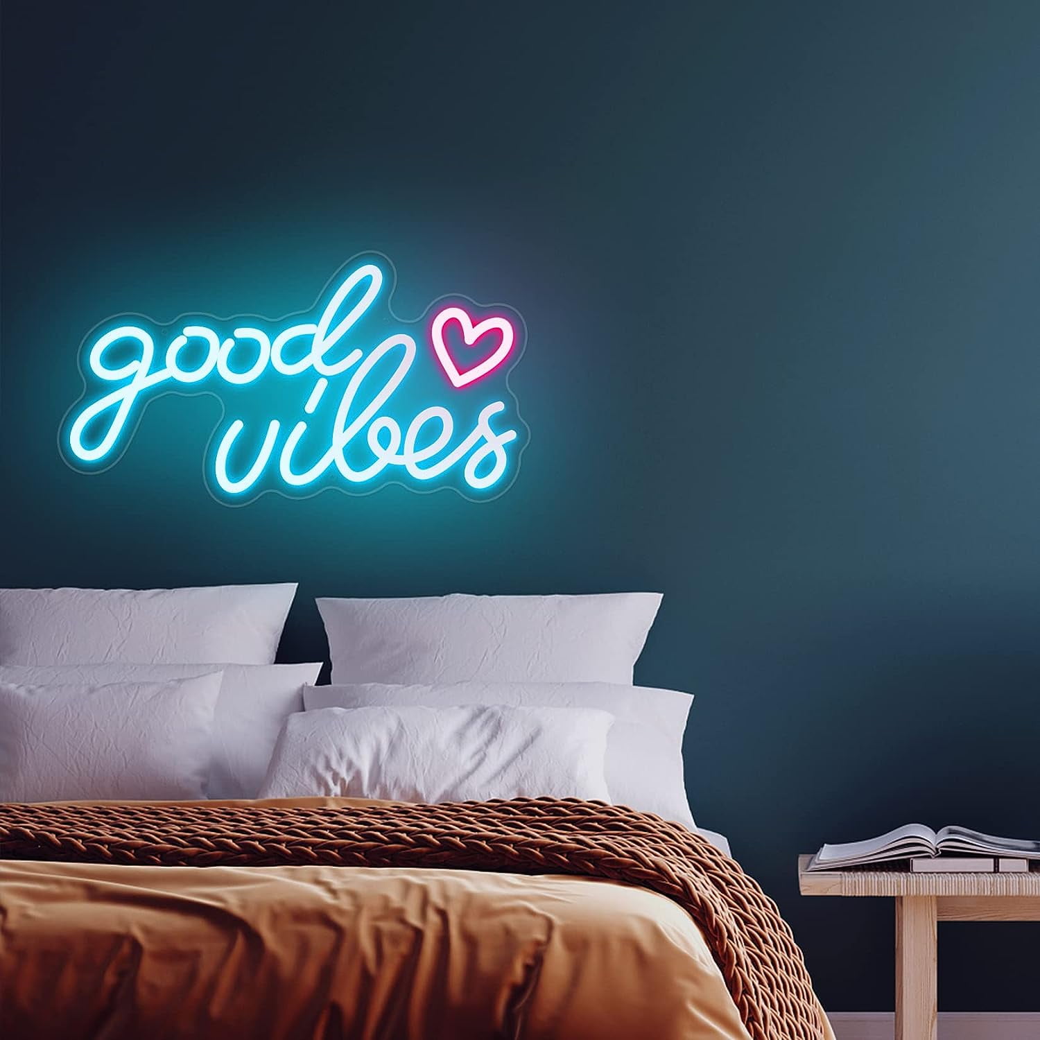 Neon Schriftzug „Good Vibes“ – Blaue LED Neonleuchte, 40x22cm, USB Betrieben, Wanddekoration
