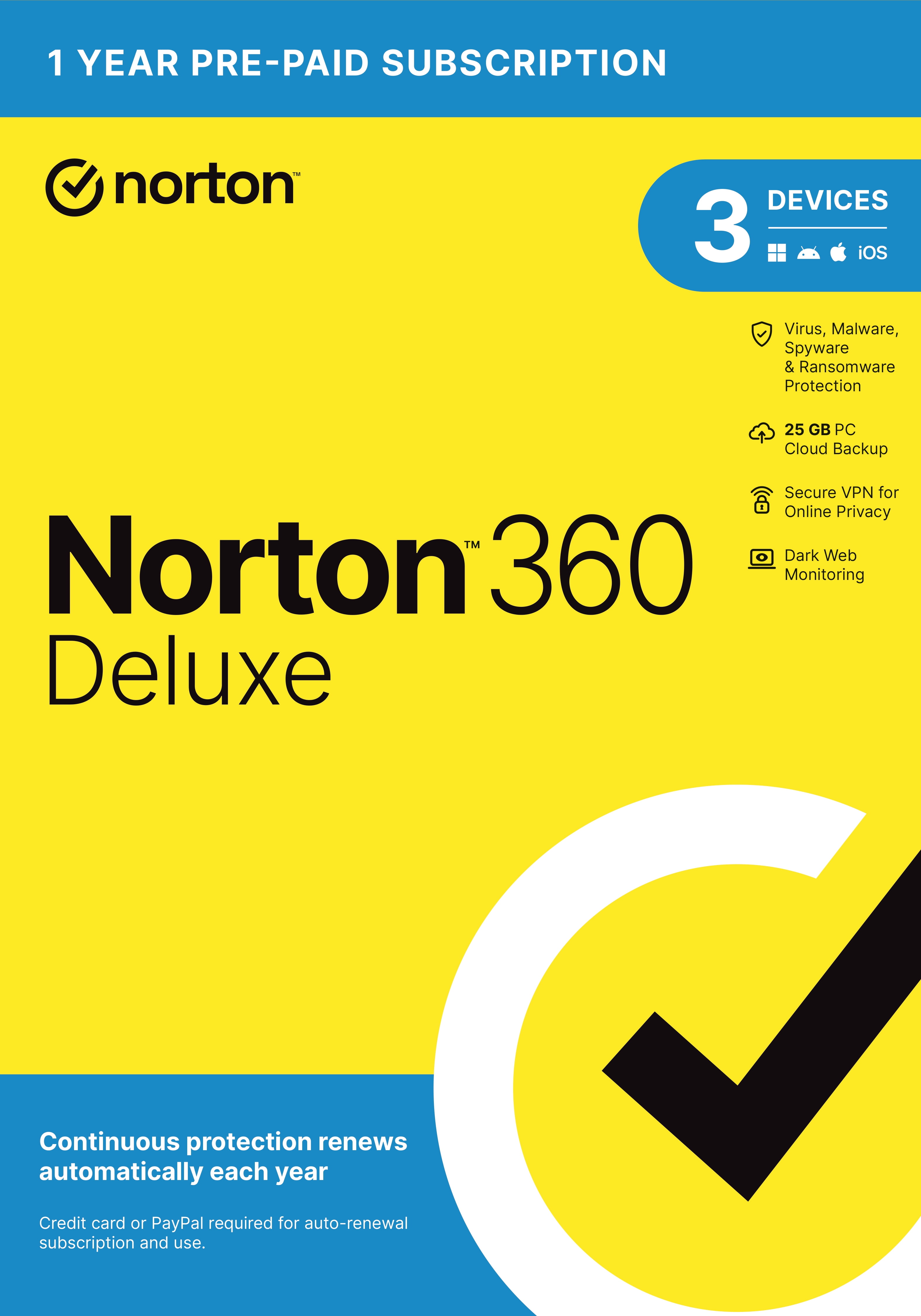 Norton 360 Deluxe Antivirus Software 5 Devices 1 Year Subscription PC Mac iOS Android Digital Download