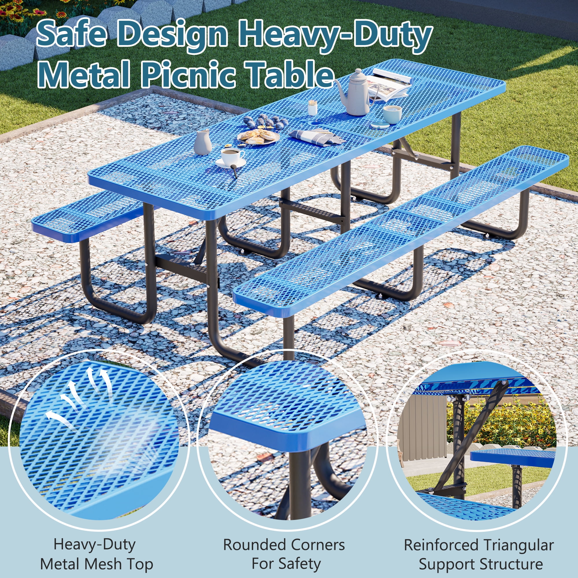 Outdoor Picnic Table Bench Set for 10-Person,All Weather Metal Patio Dining Furniture with Umbrella Hole & 2 Benches for Backyard,Picnic,Camping,Blue