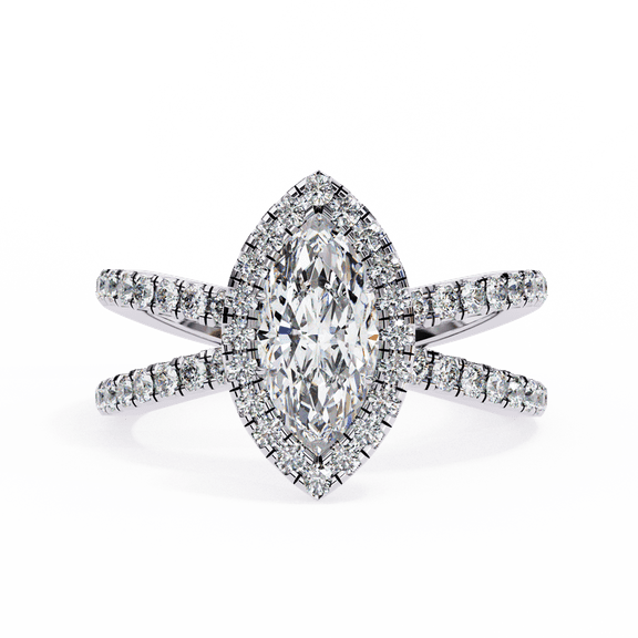 Marquise Shape Lab Created Diamond Ring, Halo Set Wedding Ring, Split Shank Engagement Ring, Pave Set Wedding Anniversary Ring For Bridal