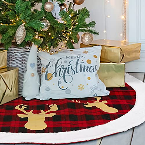 GymChoice Christmas Tree Skirt 48 Inch, Buffalo Plaid Christmas Tree Skirt Red, Xmas Tree Skirt with Reindeer Design for Holiday Party Indoor Decorations