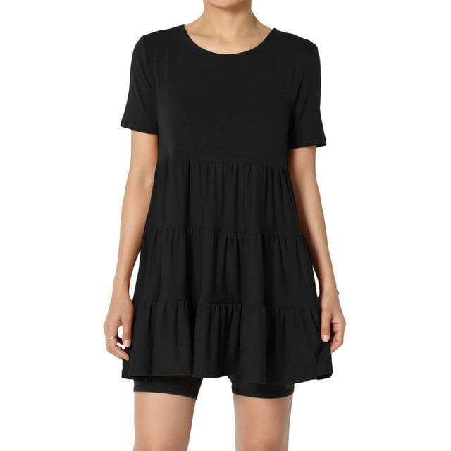TheMoogan Women's Summer Short Sleeve Tiered Ruffle Babydoll TUNIC Cute Relaxed Long Top