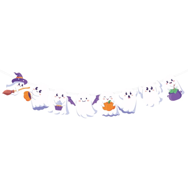 Halloween Hanging Decorations 9 Pcs Ghost Pumpkin Skull Pull Flag Streamer Set with White Rope for Party Home Decor
