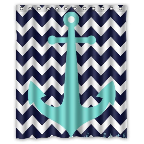 70 in x 72 in Bahamas blue Canvas Fabric Shower Curtain Matching Resin Hooks Set 