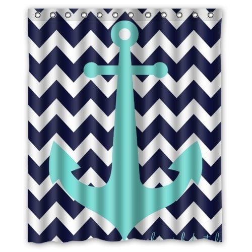 Greendecor Navy Blue Chevron With Nautical Anchor Waterproof Shower Curtain Set With Hooks Bathroom Accessories Size 60x72 Inches Walmart Com Walmart Com