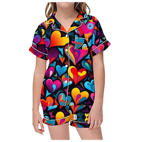 YUEHUA Girls Pajamas Satin Pajama Set Silk Pjs Short Sleeve Button Down Summer Valentine's Day Bow Sleepwear for Big Kids 5-14Y, Size 3-4 Years