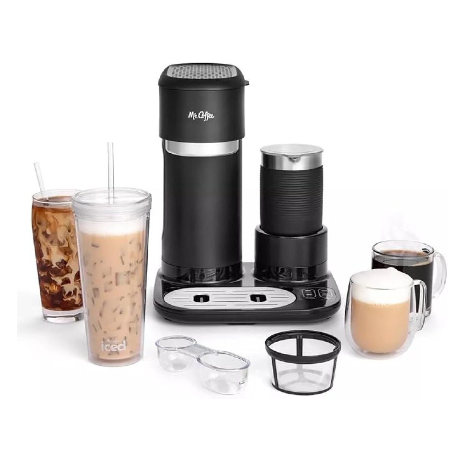 4-in-1 Coffee Maker Single Serve Latte Iced Hot with Milk Frother Black - Multi-Function Brewer for K-Cup & Ground Coffee, Tea, Cappuccino & More