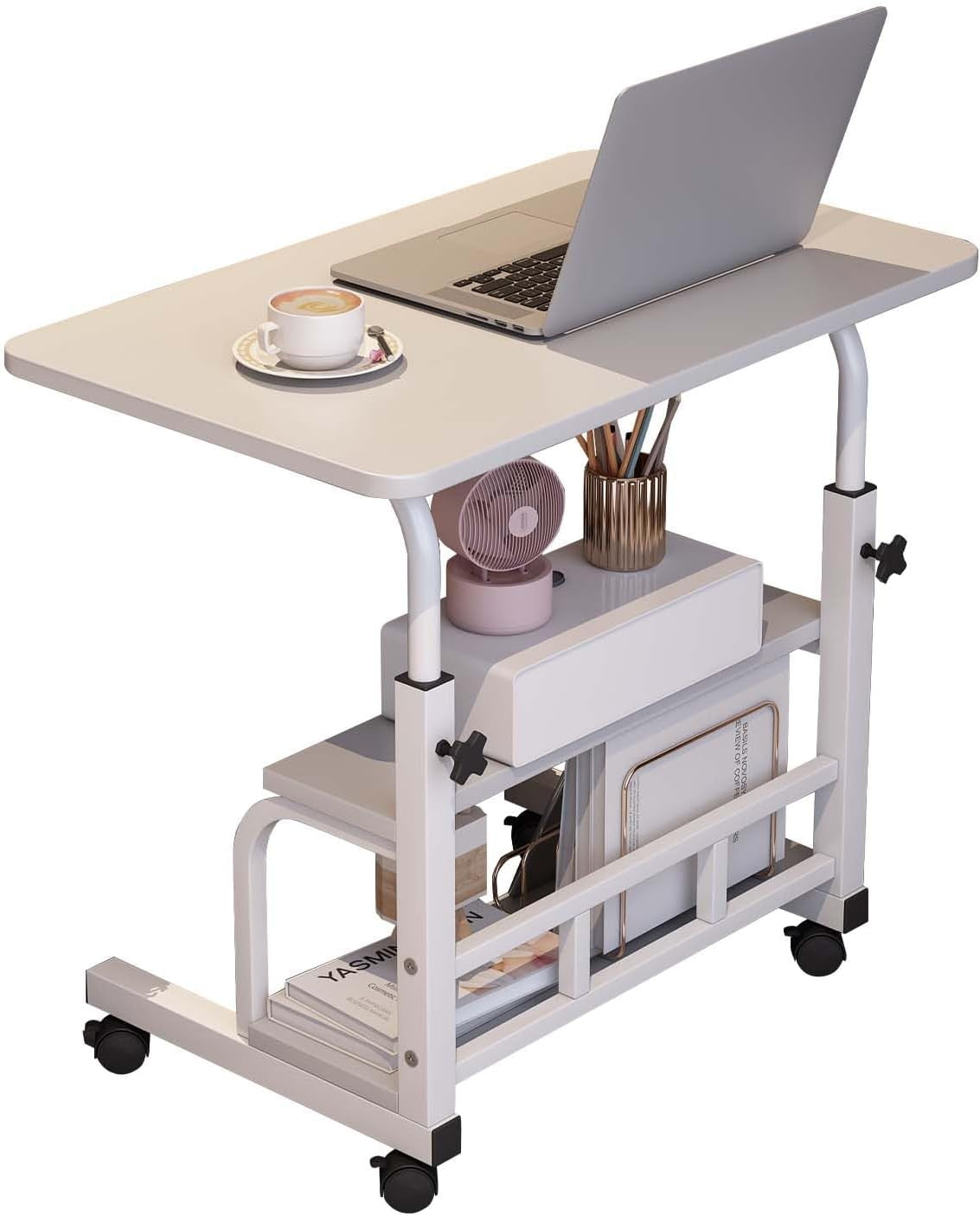 Adjustable Height Mobile Standing Desk – Compact Portable Laptop Table with Storage Shelves – Rolling Computer Desk for Home Office, Study, School – Ergonomic, with Wheels, White 60 x 40CM