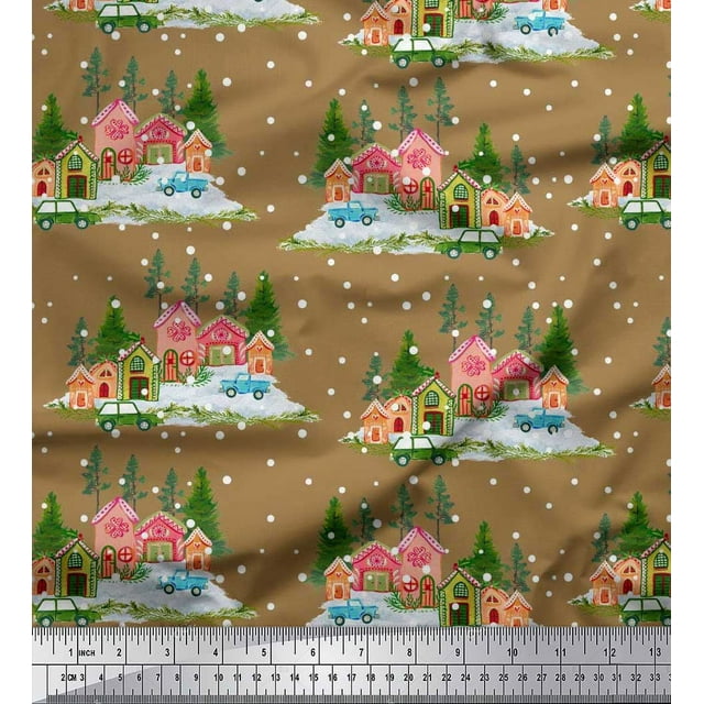 Soimoi Rayon Fabric House,Snowfall & Tree Nature Print Fabric by The Yard 56 Inch Wide
