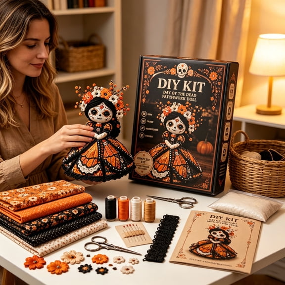 Butterfly Sugar Skull Patchwork Doll DIY Sewing Kit, Complete Fabric Embroidery Craft Set with All Supplies for Adult Handmade Day of The Dead Decor Gift 20cm