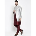 thumbnail image 5 of eloria Men's Indian Traditional Maroon & White Layered Silk Blend Kurta with Churidar Pyjama and jacket Set, 5 of 7