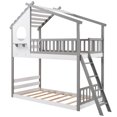 thumbnail image 3 of CLEARANCE! Twin Over Twin Bunk Bed Wood Bed with Roof, Window, Ladder ( Gray ), 3 of 9