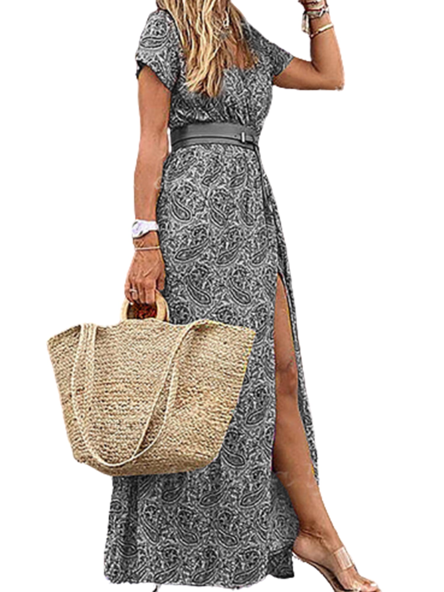 Full Size Bohemian Paisley Print V-Neck Midi Dress Plus Size