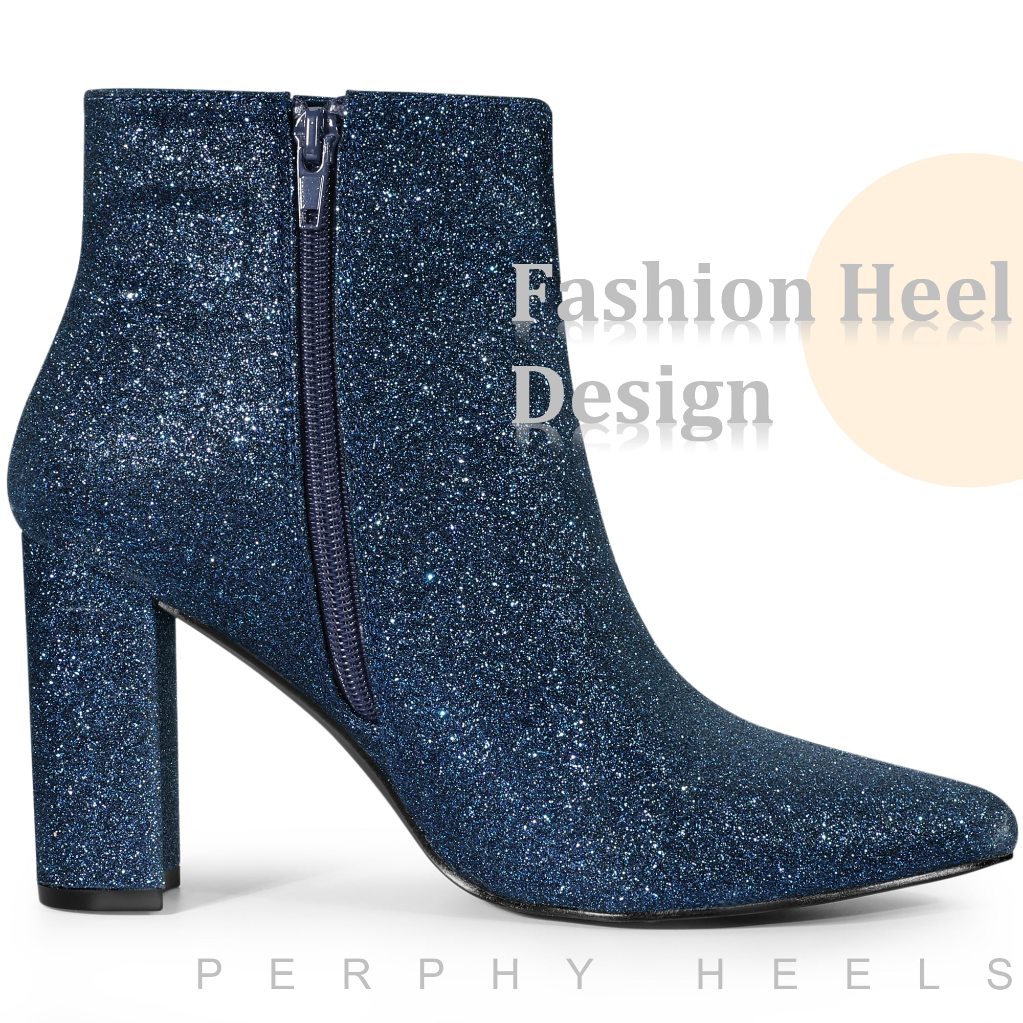 DARING DIVA Chunky Heels Sparkly Booties Navy Blue Ankle Boots
