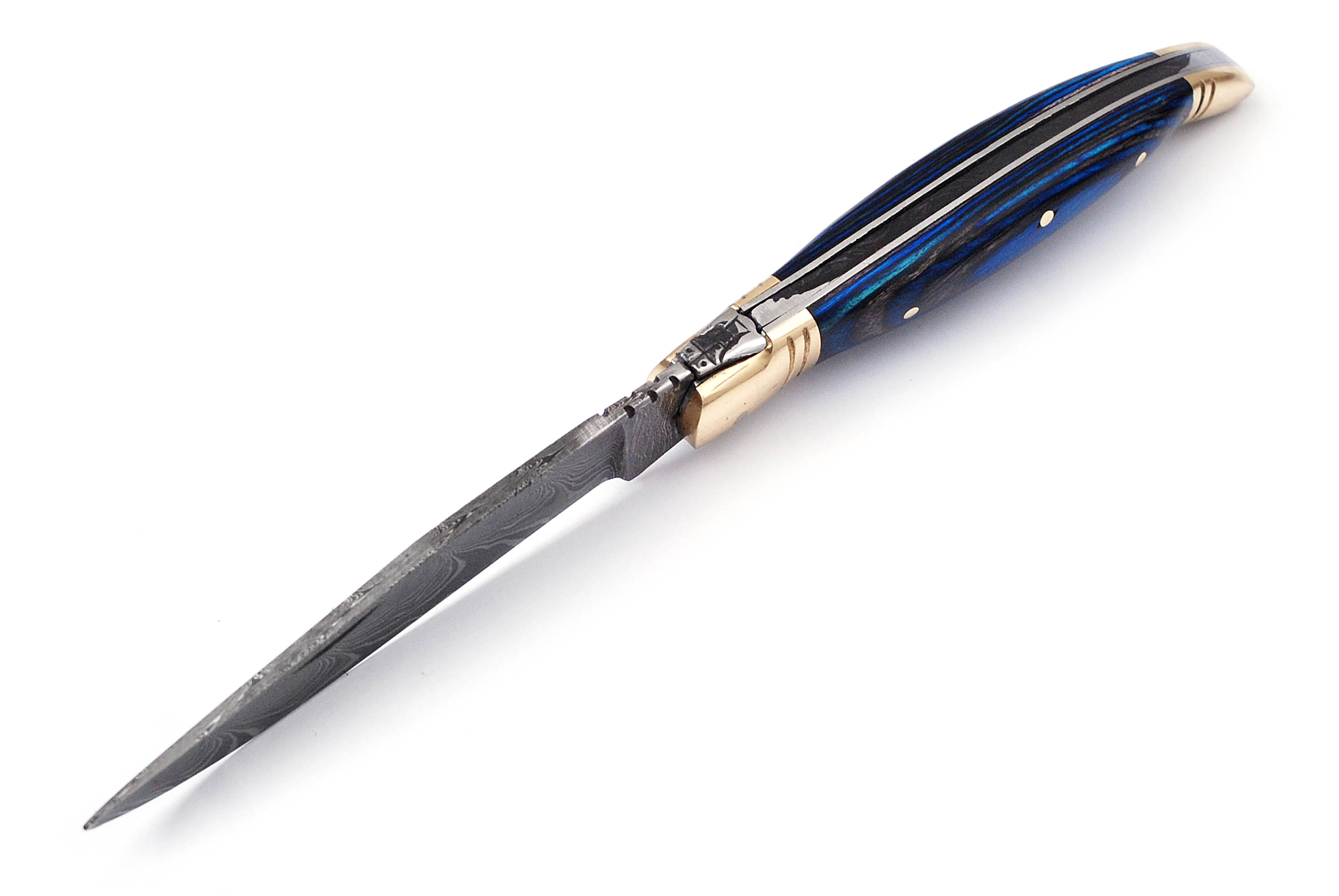 Damascus steel folding knife with leather sheath, 8.5 inches long laguiole pocket knife with 4 inches long Damascus steel Blade, 4.5 inches Blue multi colored wood scale with Brass bolster and pommel,