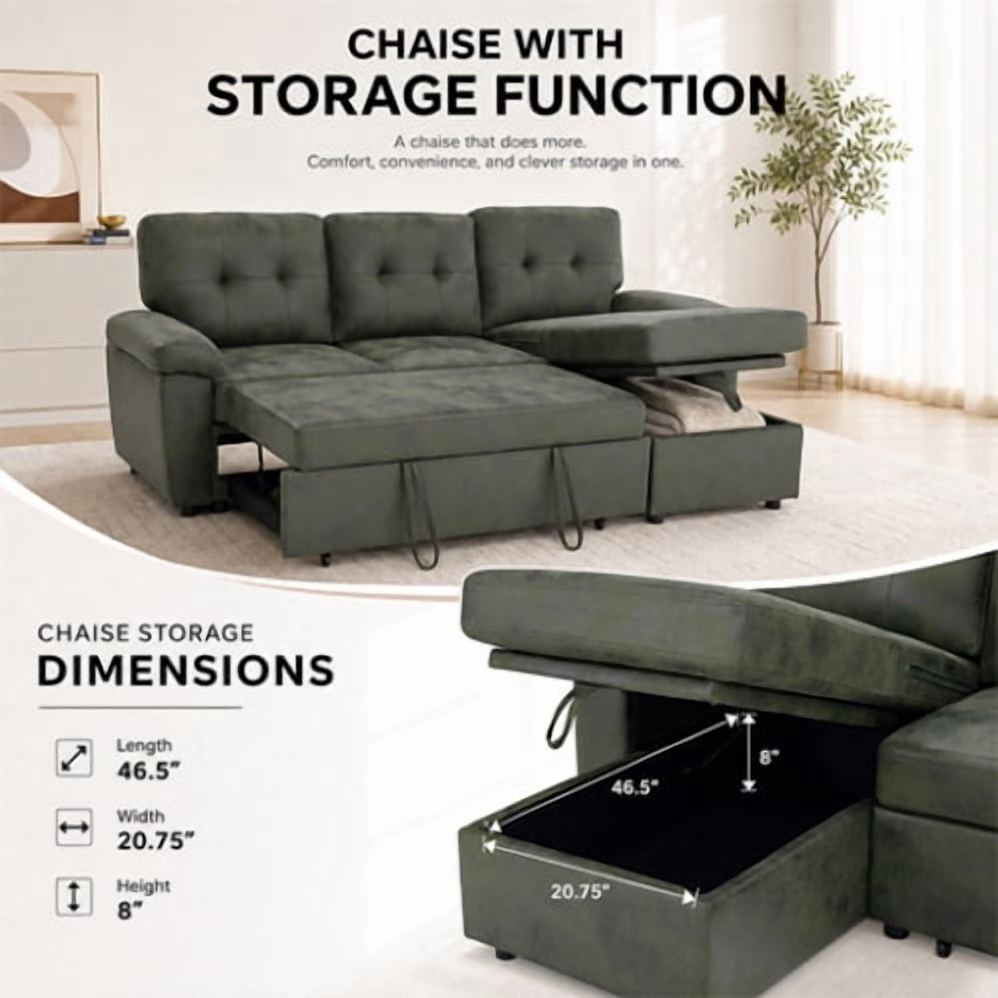 88.5" Convertible L-Shaped Pull-Out Sectional Sofa Bed with Storage Chaise & Soft Padded Armrests, Foil Fabric Upholstery, Olive Green