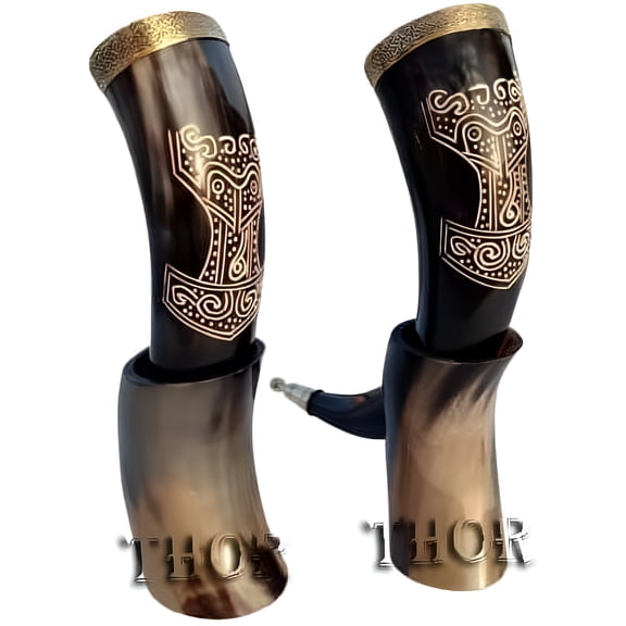 Viking Drinking Horn Mug Thor Hammer Hand Carved Large 10"-12" with Stand/Set Of 2 Rustic Vintage Home Decor Gifts