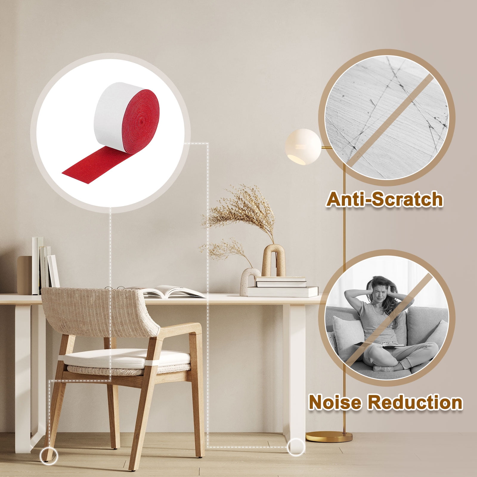 Felt Strips with Adhesive Backing, 2 Pack 2" x 193" x 0.06" Adhesive Felt Strips Anti Scratch Furniture Felt Tapes Self-Stick Felt Pads for Protecting Hardwood Floor, Red