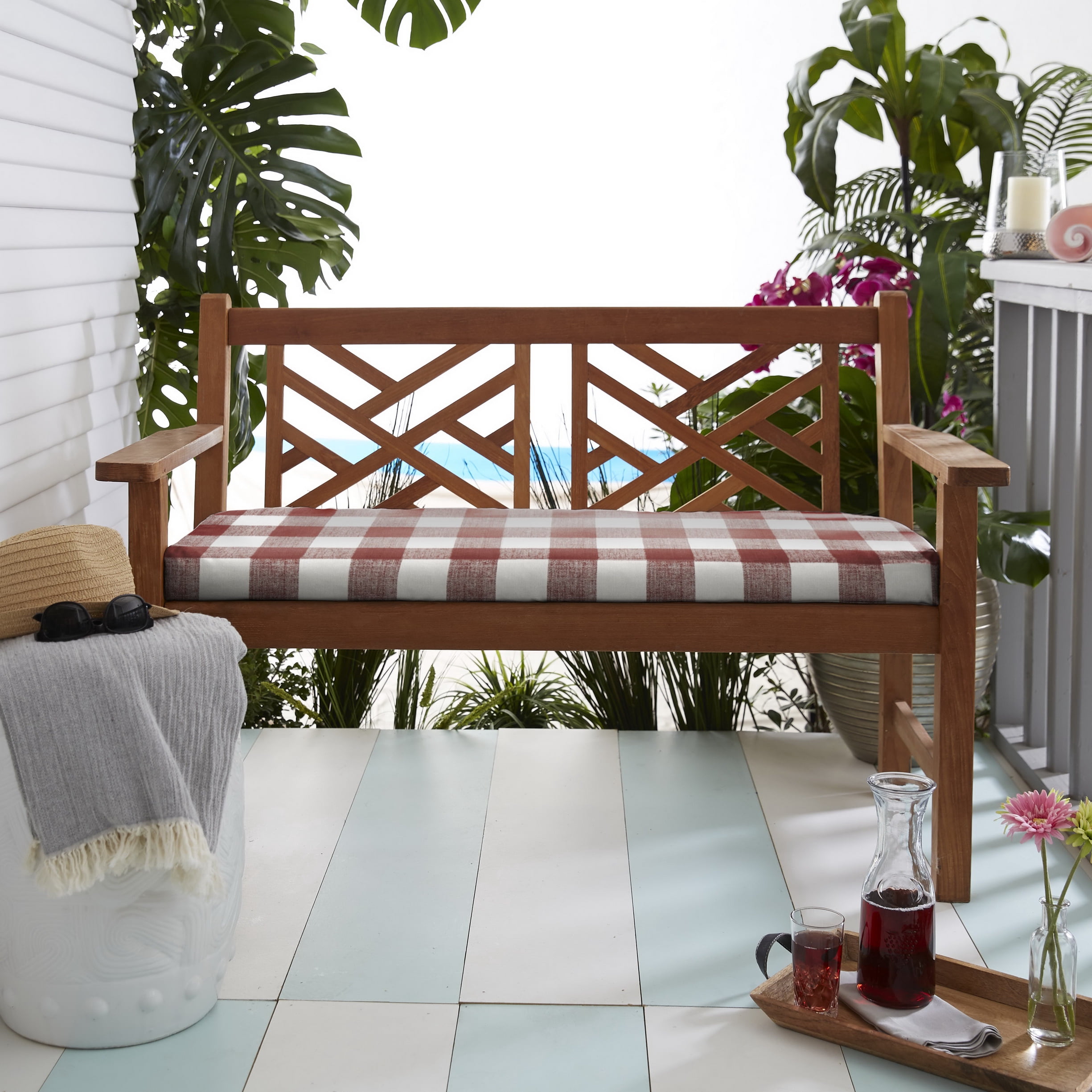 Sorra Home Indoor/Outdoor Red Buffalo Plaid Bench Cushion, Bristol
