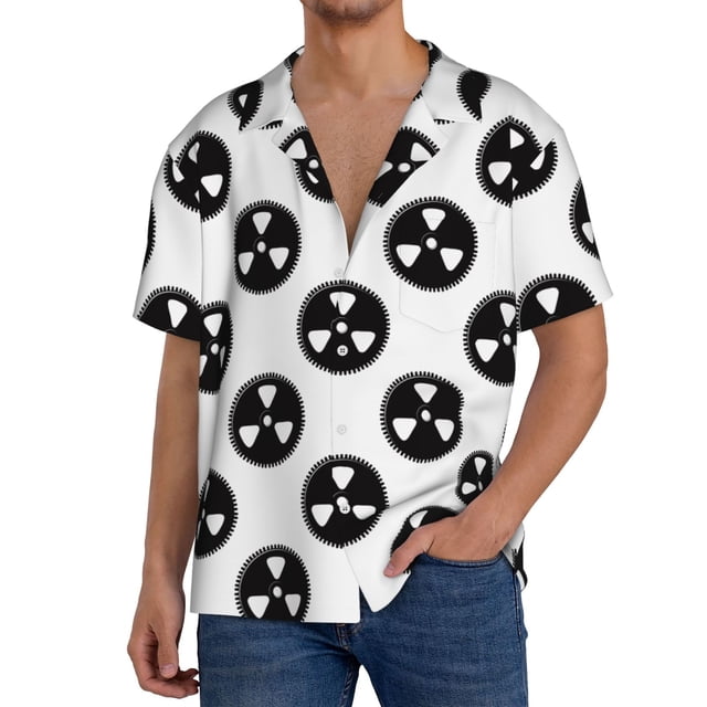 Xecao Gear Tools Pattern Men's Short-Sleeve Cuban Collar Button-Down Shirt with Chest Pocket Lightweight Tropical Vacation Shirt-Small