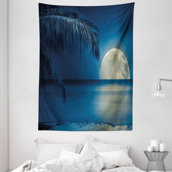 Moon Tapestry, Beautiful Full Moon Reflected on the Calm Water of a Tropical Beach Blue Toned Image, Wall Hanging for Bedroom Living Room Dorm Decor, 60W X 80L Inches, Blue White, by Ambesonne