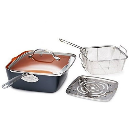

Gotham Steel - 6 Quart XL Nonstick Copper Deep Square All in One 6 Qt Casserole Chef’s Pan & Stock Pot- 4 Piece Set Includes Frying Basket and Steamer Tray Dishwasher Safe
