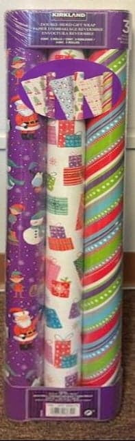 KIRKLAND SIGNATURE DOUBLE-SIDED GIFT WRAP, 3 ROLLS, 180 SQ. FT. PURPLE SANTA, WHITE GIFTS, MULTI STRIPE