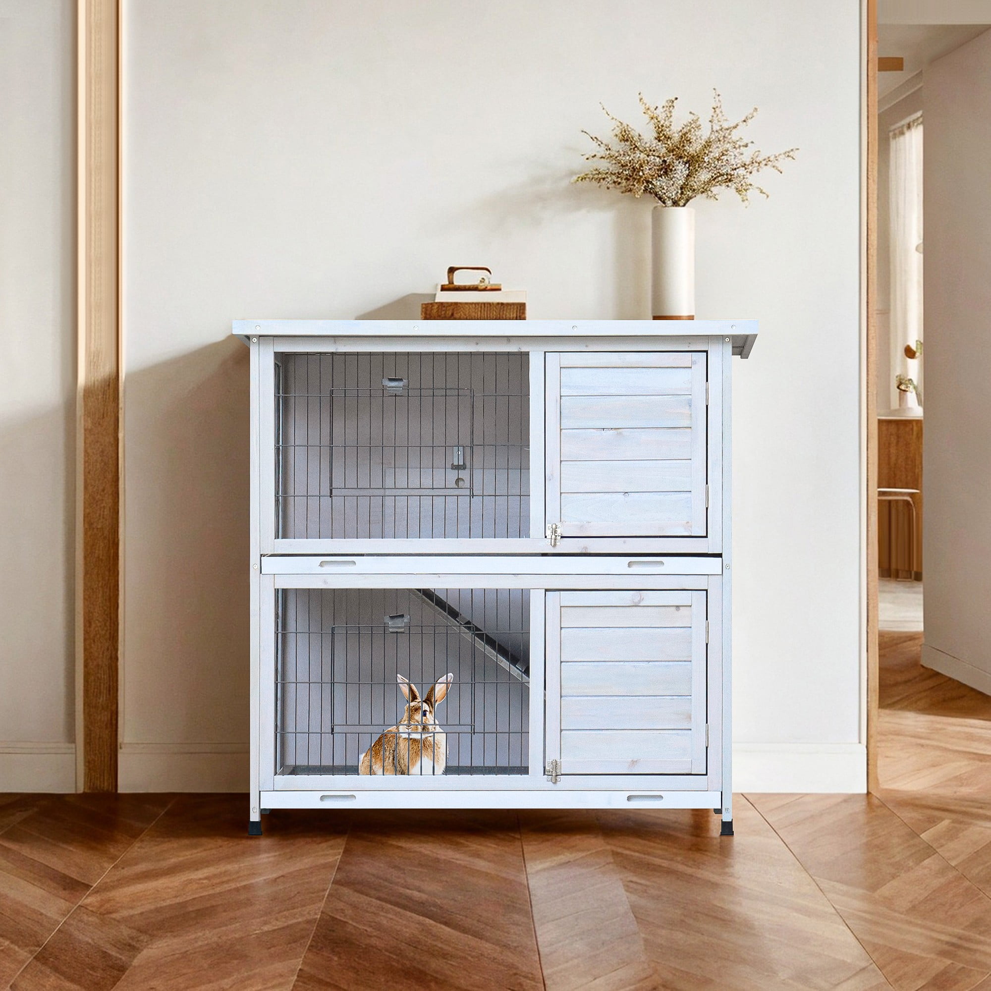 Pefilos 41" Rabbit Hutch Indoor with Tray, Bunny Hutch Outdoor 2 Story Wooden Rabbit House Guinea Pig Cages with Ramp, Gray