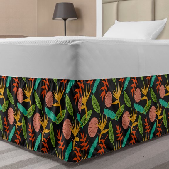 Tropical Bed Skirt, Abstract Exotic Botany of Bird of Paradise Banana and Palm Leaves, Elastic Bedskirt Dust Ruffle Wrap Around for Bedding Decor, 4 Sizes, Dark Grey and Multicolor, by Ambesonne