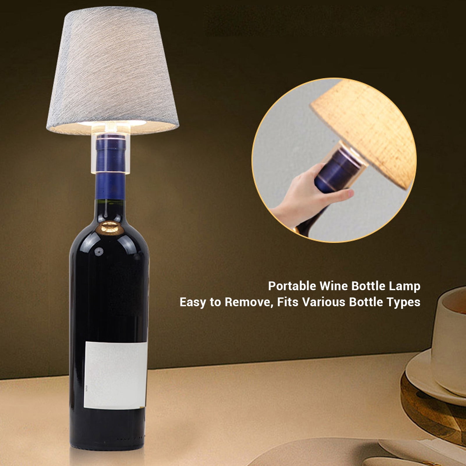 YAHHU Wireless Bottle Lamp Rechargeable 2400mAh Battery LED Fabric Wine Bottle Light 176lm 2700K Warm IP54 Waterproof Portable Table Lamps for Bedside Bar Restaurant Decor (7.48 inches / 19 cm)