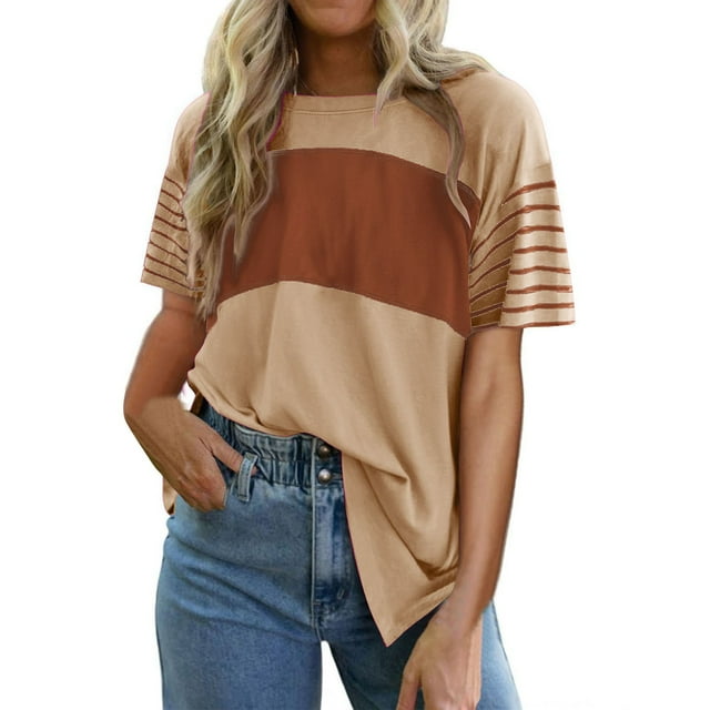 Summer Women's Trendy Oversized Crewneck Color - Block Striped Shirts