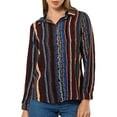 thumbnail image 3 of QAFOPEH Women Striped Geometric Print Lapel Collar Long Sleeve Single Breasted Boho Shirt, 3 of 7