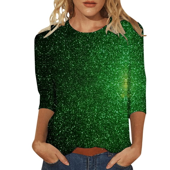 Graphic Tennis Tees for Women T-Shirts Casual Sequined Round Neck Loose Fit Three Quarter Sleeve Top for Women Green XL