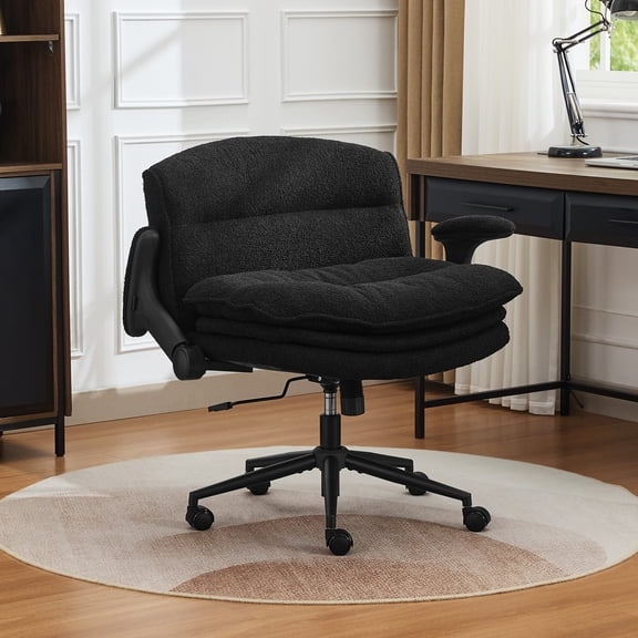 DOMICARE Criss Cross Chair with Flip-Up Arms, Wide Cross-Legged Office Chair with Wheels, Swivel Vanity Desk Chair, Black Boucle