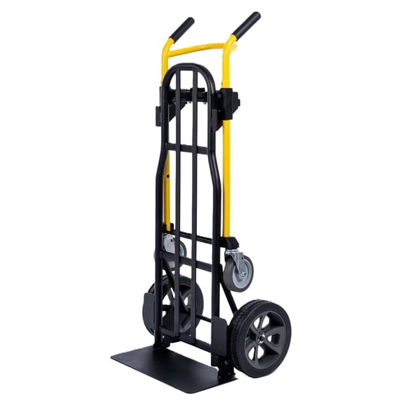 Harper Trucks JDCSC0335PC 1000 lb. Capacity 5-in-1 Kwik Shift Convertible Hand Truck with 10" Flat Free DuroTread Pro Wheels, Yellow Handle/Black Frame