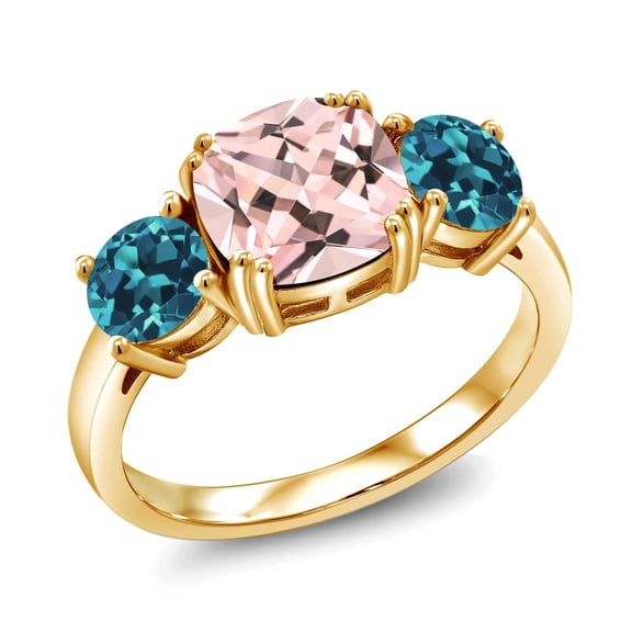 Gem Stone King 18K Yellow Gold Plated Silver Peach Nano Morganite and London Blue Topaz 3 Stone Engagement Ring for Women (3.40 Cttw, Gemstone October Birthstone, Cushion 8MM, Size 7)