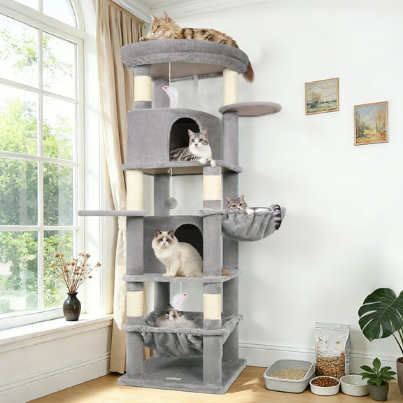 Globlazer 68" XL Corner Cat Tree Tower Condo for Large Cats - 6 Sisal Scratching Posts, 2 Condos, Hammock & Hanging Basket, Light Grey