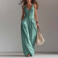 thumbnail image 2 of Jumpsuits for Women Dressy Wide Leg Baggy Button Down V Neck Loose Fit Boho Summer Sleeveless Trendy Rompers for Women with Pockets Green L, 2 of 5