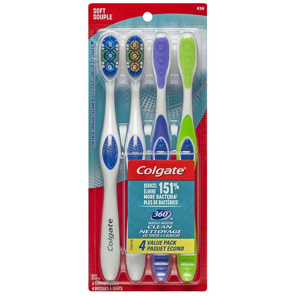 4 brosses à dents souples Colgate 360 avec nettoie-langue et joues Paq. de 2