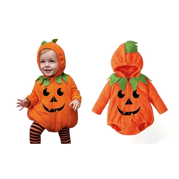 Baby Toddler Girls Pumpkin Long Sleeve Hooded Zipper Pumpkin Bodysuit Unisex Kids Halloween Party Dress up Clothes Size 6-24 Months