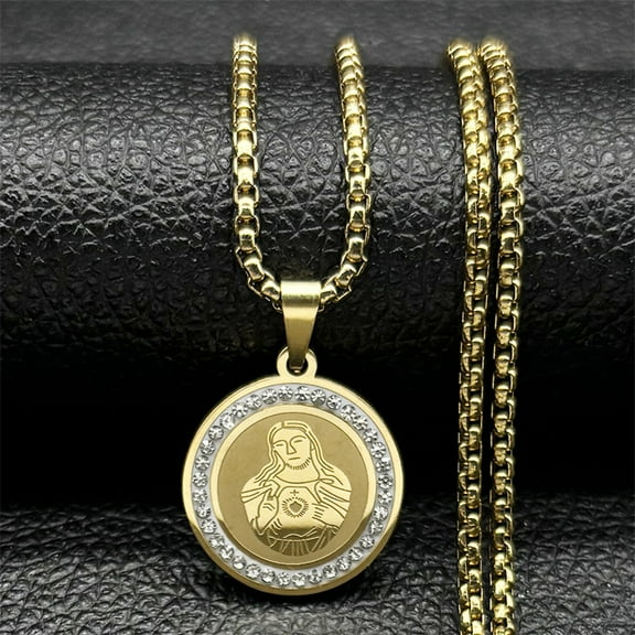 Christ Jesus Cross Heart Medal 14K Yellow Gold Pendant Necklace for Women Men Gold Silver Color Rhinestone Christian Chain Jewelry