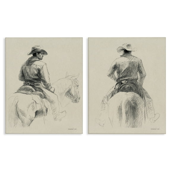 Stupell Industries Sketched Cowboy on Range People Drawing Wrapped Canvas Art Print Wall Art, 16 x 20, Set of 2