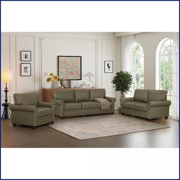 1 2 3 Sectional Sofa with Storage – Taupe Faux Leather, Durable Frame for Living Room | Faux Leather | Round Arms | Wood